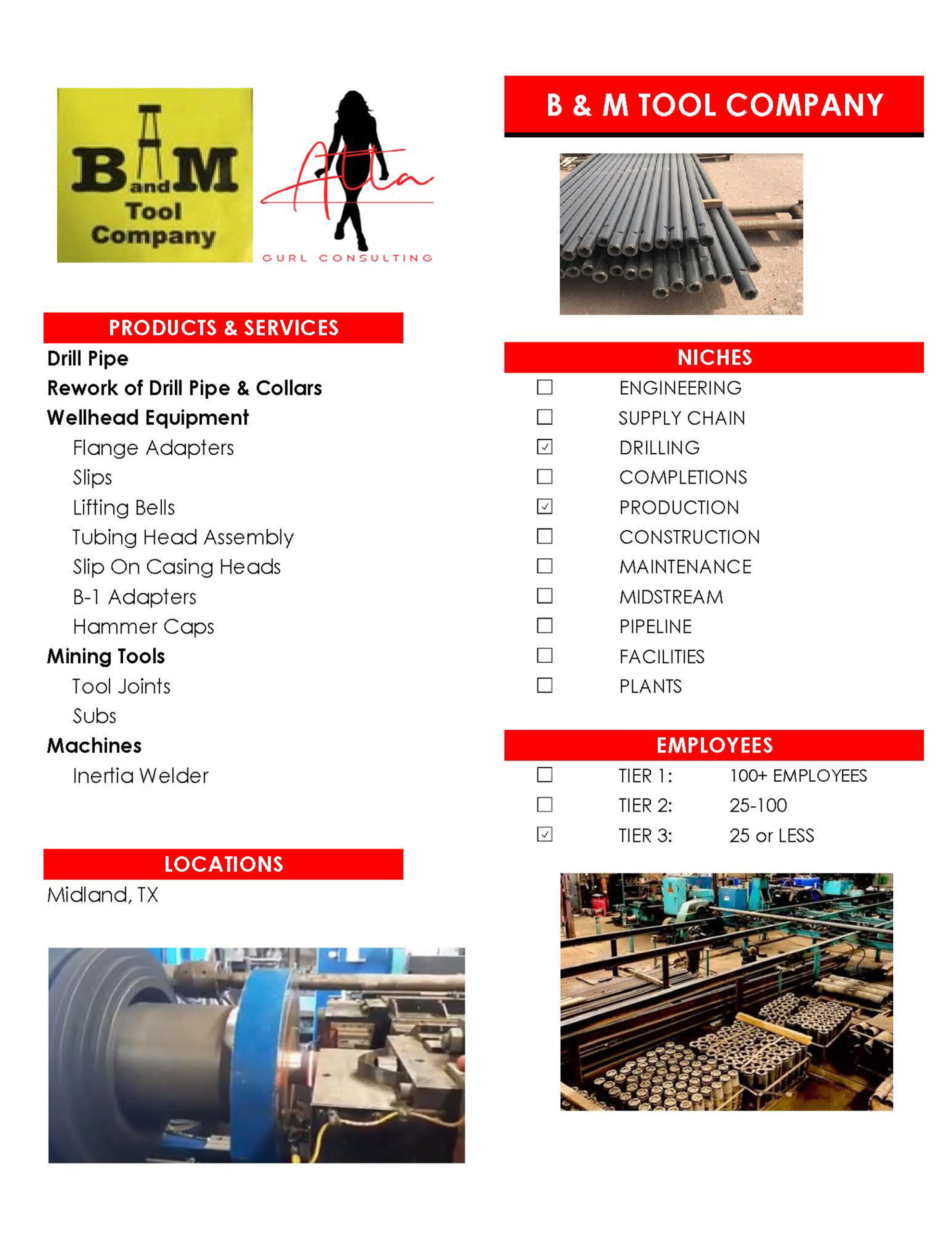B and M Tool Company - Drill Pipe Rework of Drill Pipe & Collars Wellhead Equipment Flange Adapters Slips Lifting Bells Tubing Head Assembly Slip On Casing Heads B-1 Adapters Hammer Caps Mining Tools Machines Inertia Welder