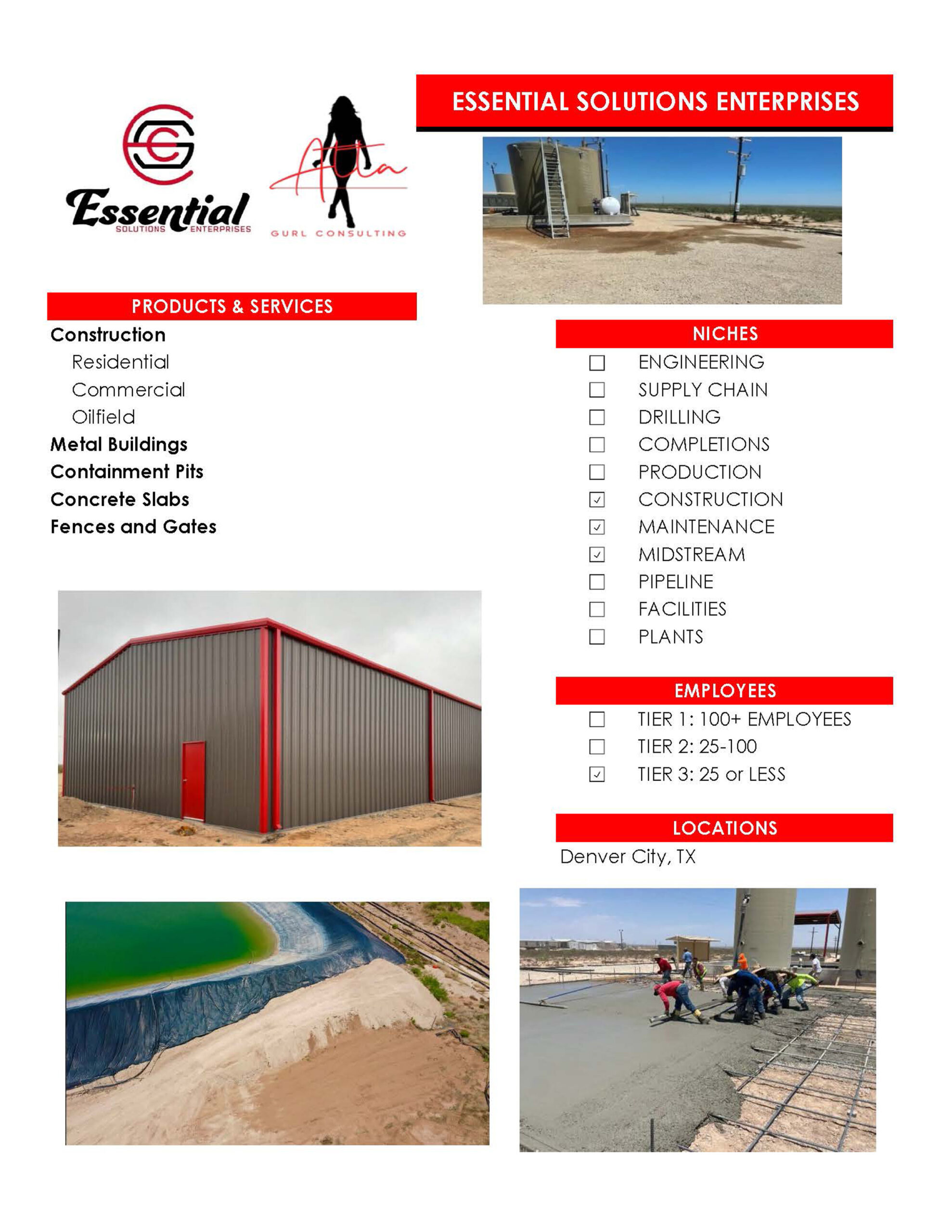 Essential Solutions Enterprises - Construction Residential Commercial Oilfield Metal Buildings Containment Pits Concrete Slabs