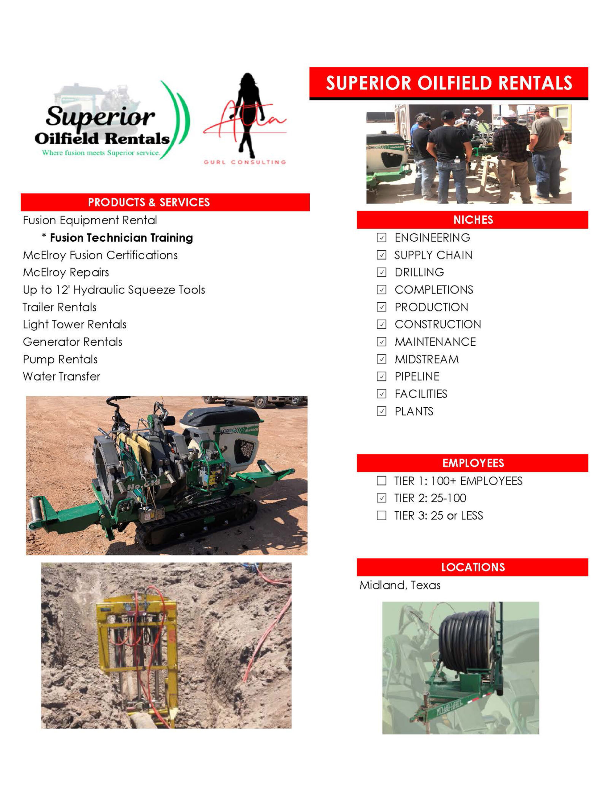 PRODUCTS & SERVICES Fusion Equipment Rental * Fusion Technician Training McElroy Fusion Certifications McElroy Repairs Up to 12' Hydraulic Squeeze Tools Trailer Rentals Light Tower Rentals Generator Rentals Pump Rentals Water Transfer